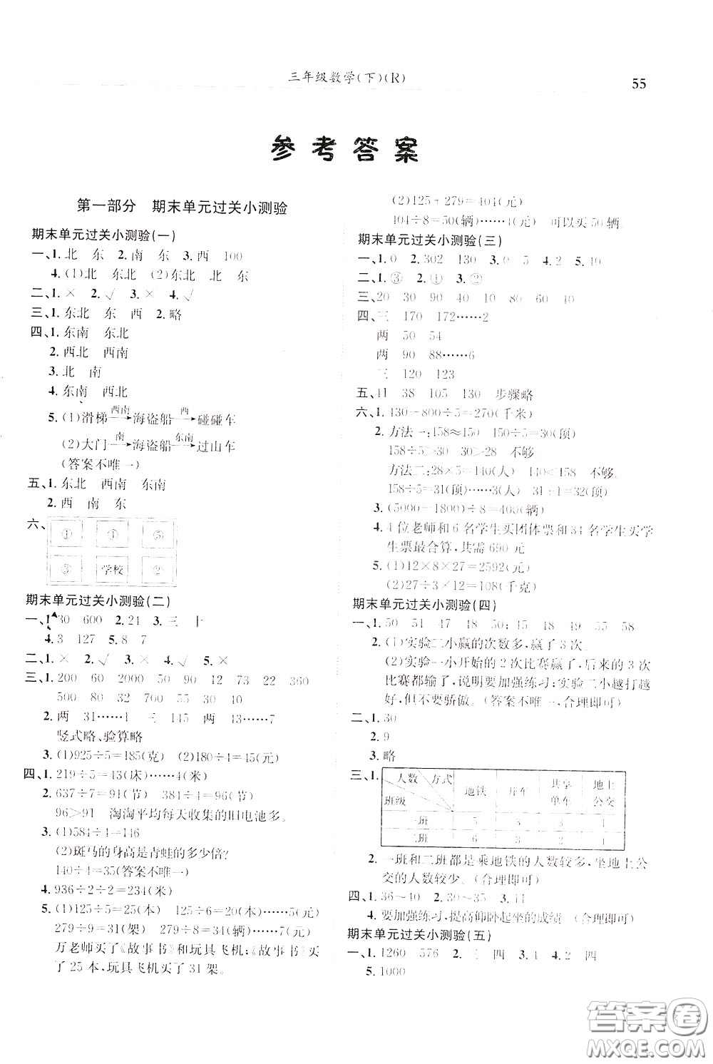 2020年黃岡小狀元滿分沖刺為測驗(yàn)期末復(fù)習(xí)專用三年級(jí)下冊(cè)數(shù)學(xué)R人教版參考答案