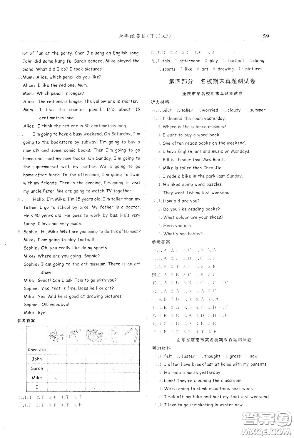 2020年黃岡小狀元滿分沖刺為測(cè)驗(yàn)期末復(fù)習(xí)專用六年級(jí)下冊(cè)英語RP人教版參考答案