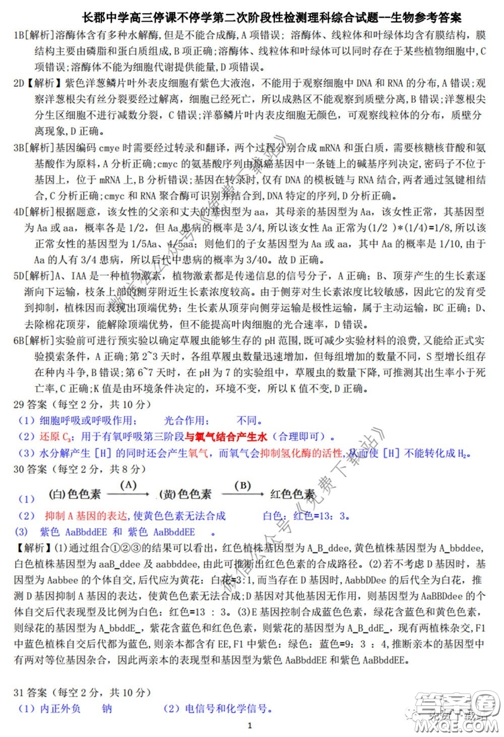 2020年長郡中學(xué)高三聽課不停學(xué)階段性檢測二理科綜合試題及答案