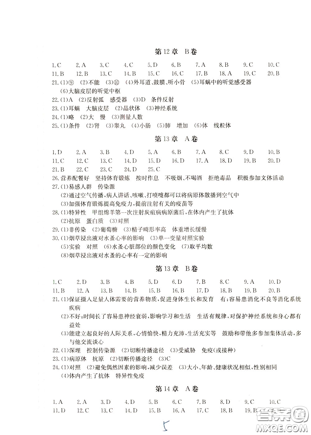 2020年新課堂AB卷單元測試生物學(xué)七年級下冊河北教育版參考答案