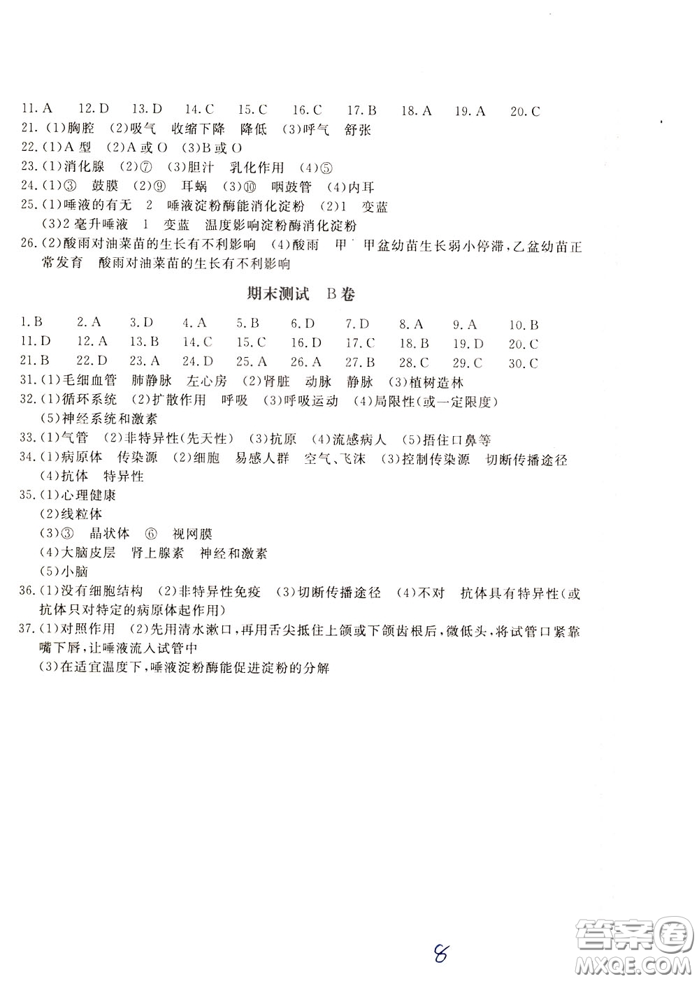 2020年新課堂AB卷單元測試生物學(xué)七年級下冊河北教育版參考答案