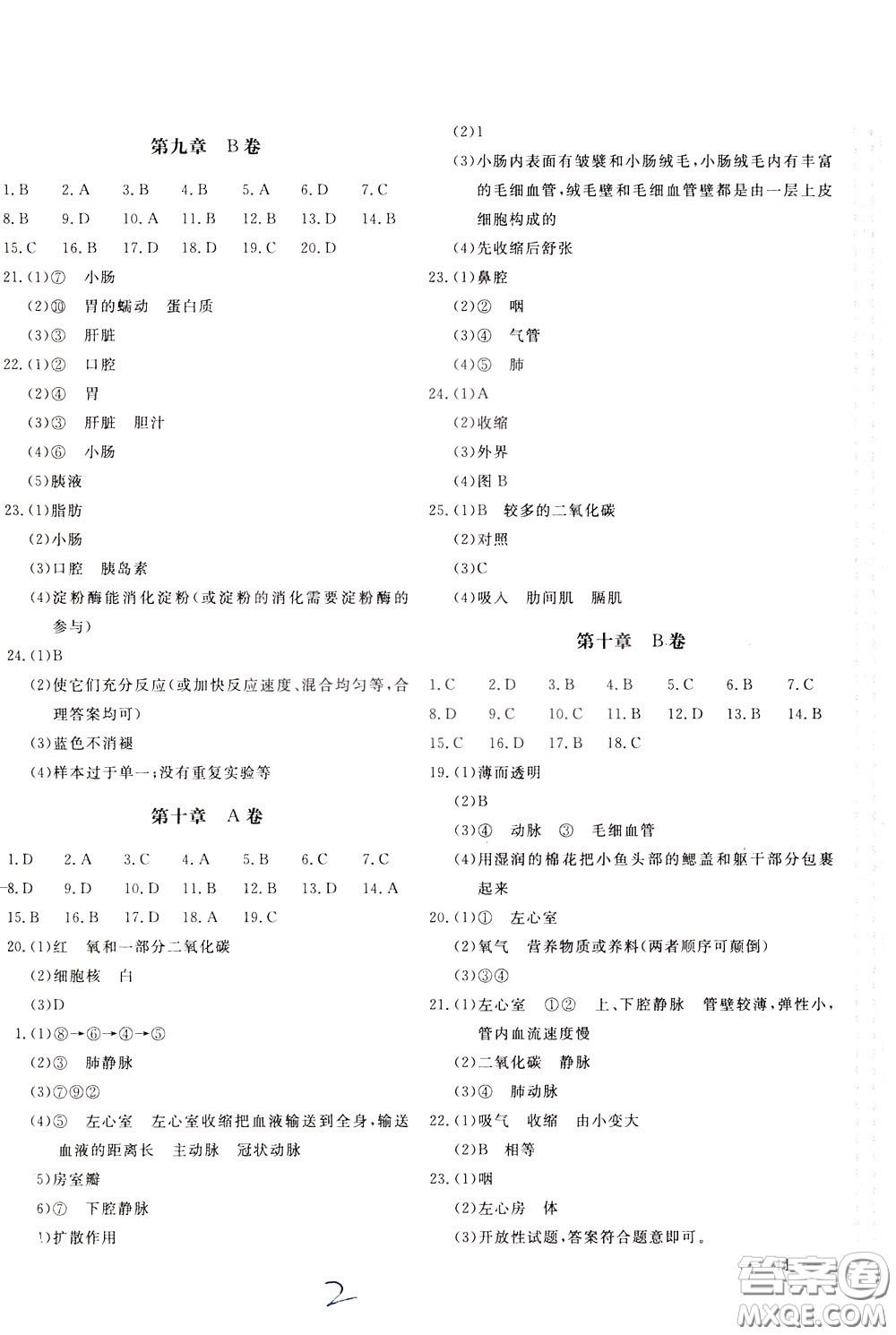 2020年新課堂AB卷單元測(cè)生物學(xué)七年級(jí)下冊(cè)江蘇版參考答案