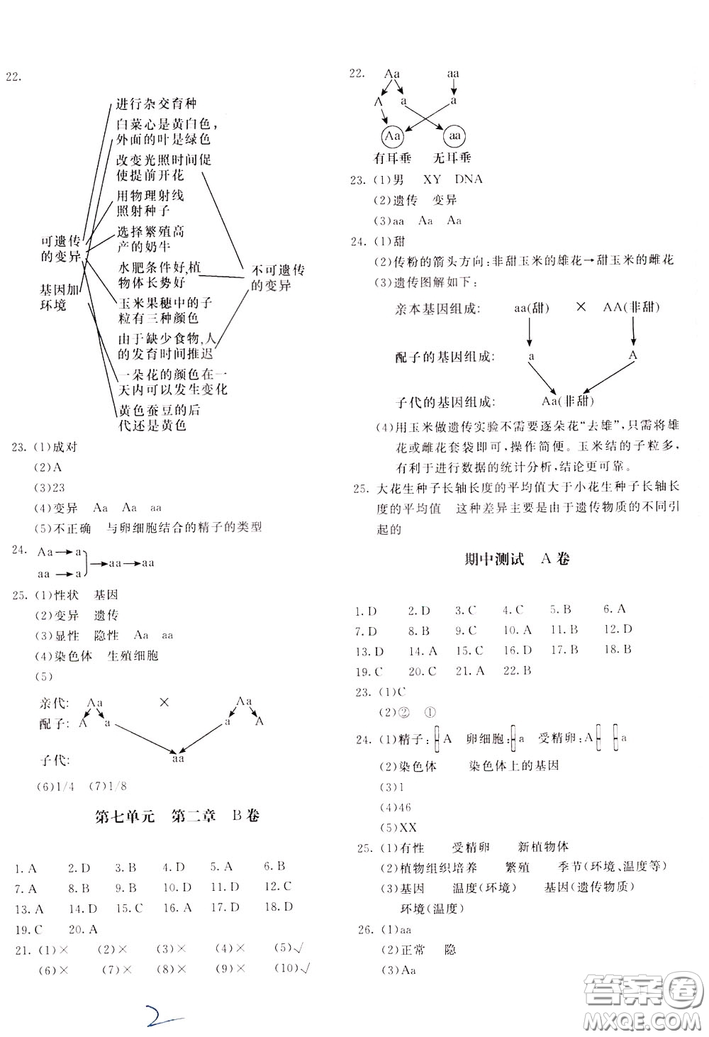 2020年新課堂AB卷單元測(cè)生物學(xué)八年級(jí)下冊(cè)人民教育版參考答案