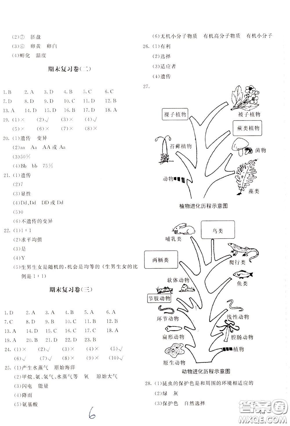 2020年新課堂AB卷單元測(cè)生物學(xué)八年級(jí)下冊(cè)人民教育版參考答案