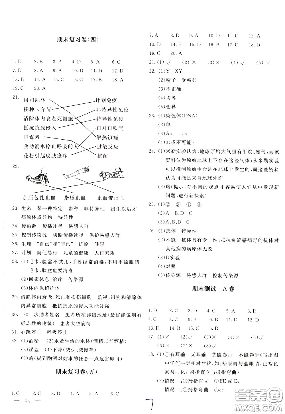 2020年新課堂AB卷單元測(cè)生物學(xué)八年級(jí)下冊(cè)人民教育版參考答案