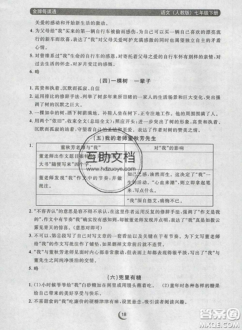 2020新版點(diǎn)石成金金牌每課通七年級語文下冊人教版答案
