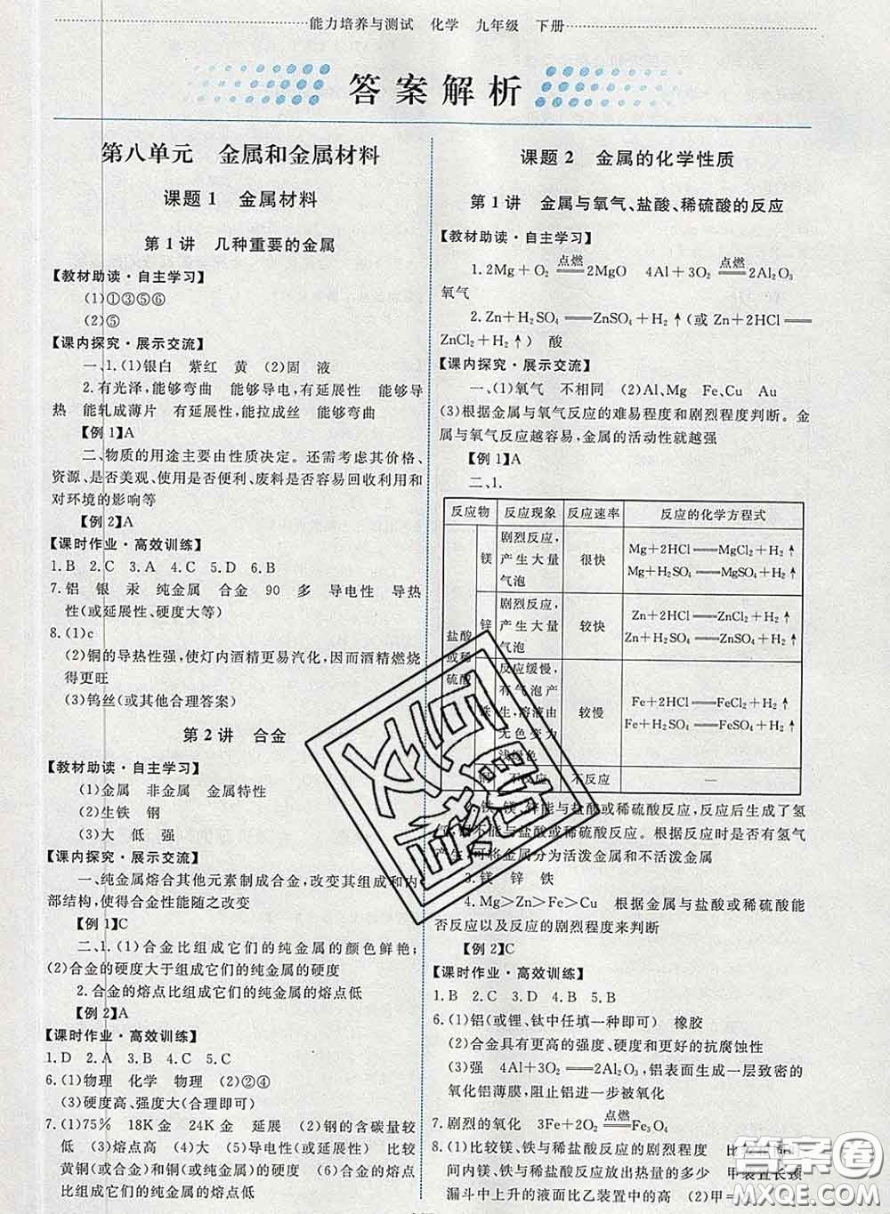 2020春能力培養(yǎng)與測試九年級化學(xué)下冊人教版答案