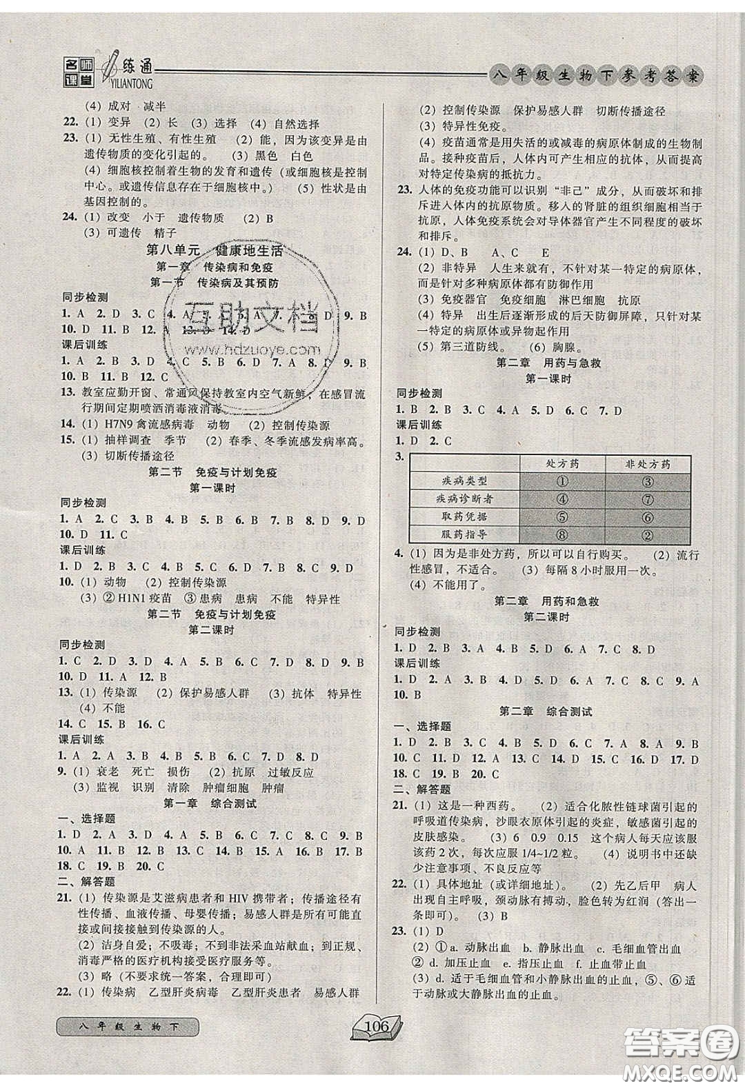2020年名師課堂一練通八年級(jí)生物下冊(cè)人教版答案