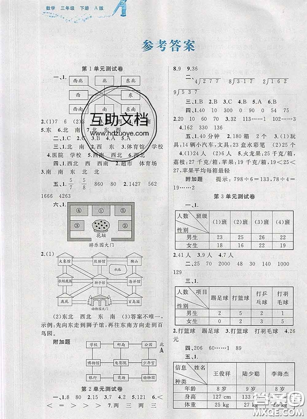 2020新版新課程學(xué)習(xí)與測評(píng)單元雙測三年級(jí)數(shù)學(xué)下冊(cè)A版答案