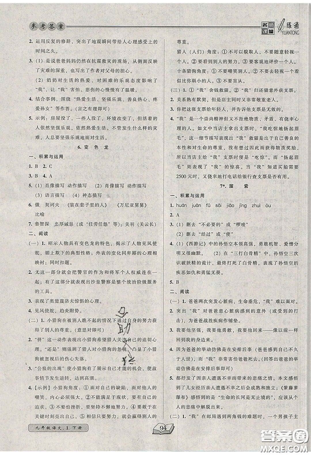 2020年名師課堂一練通九年級語文下冊統(tǒng)編版答案