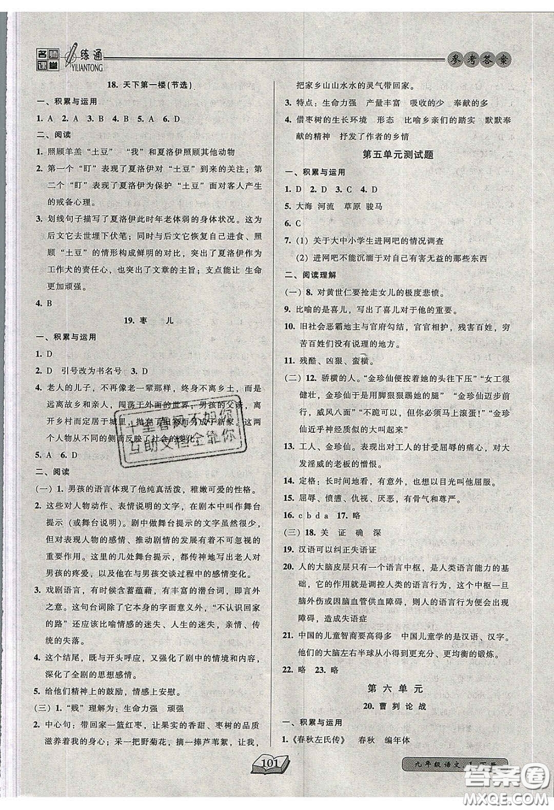 2020年名師課堂一練通九年級語文下冊統(tǒng)編版答案
