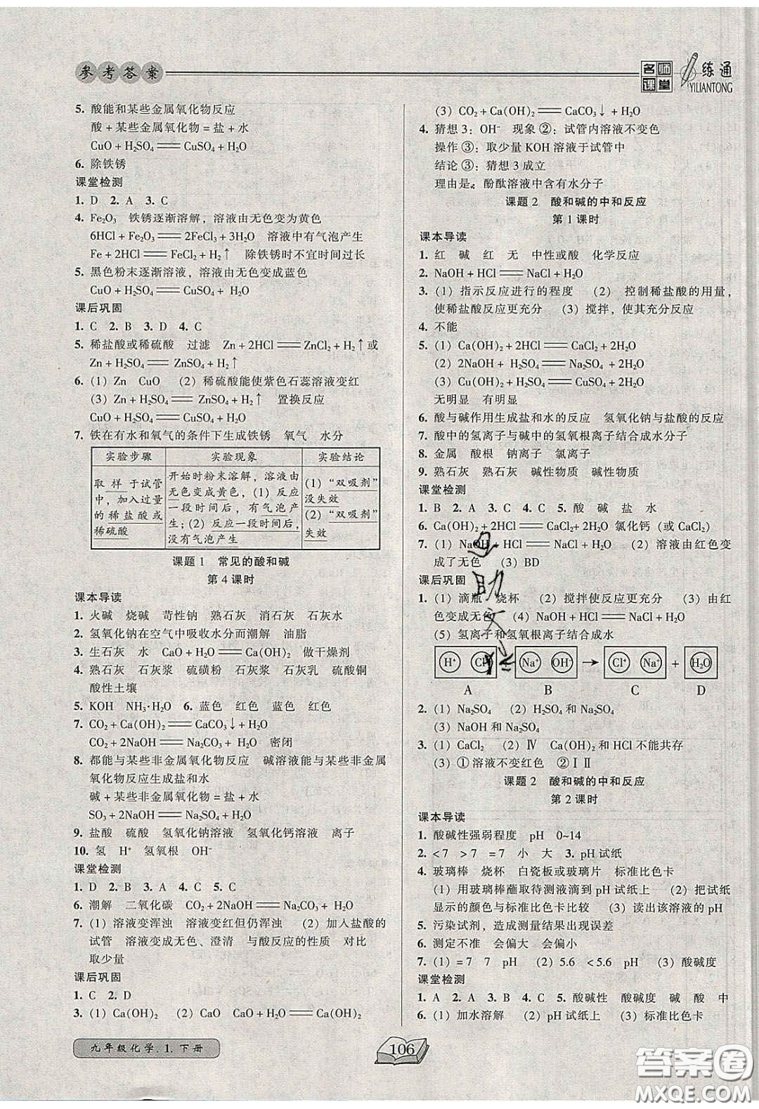 2020年名師課堂一練通九年級(jí)化學(xué)下冊(cè)人教版答案