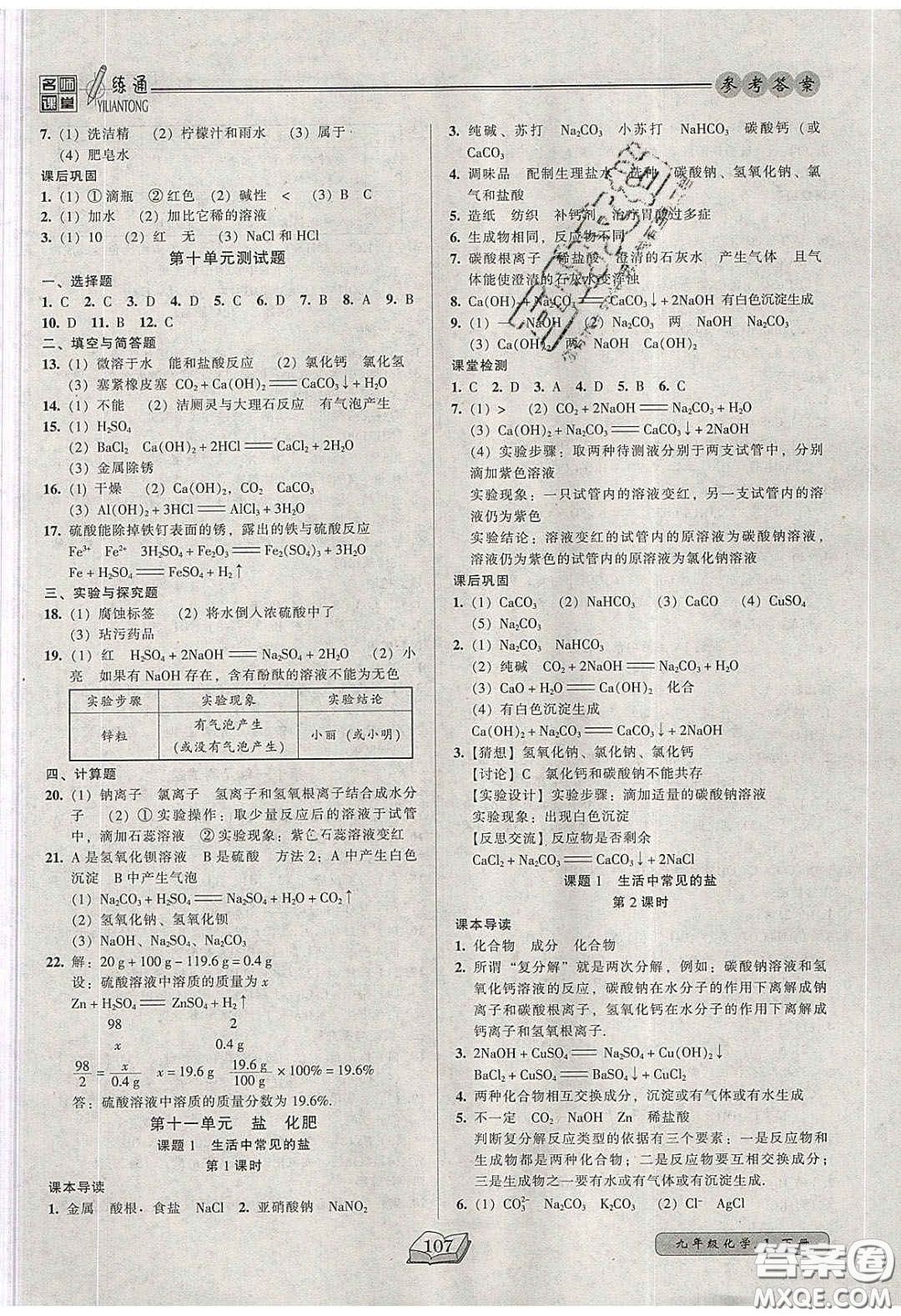 2020年名師課堂一練通九年級(jí)化學(xué)下冊(cè)人教版答案