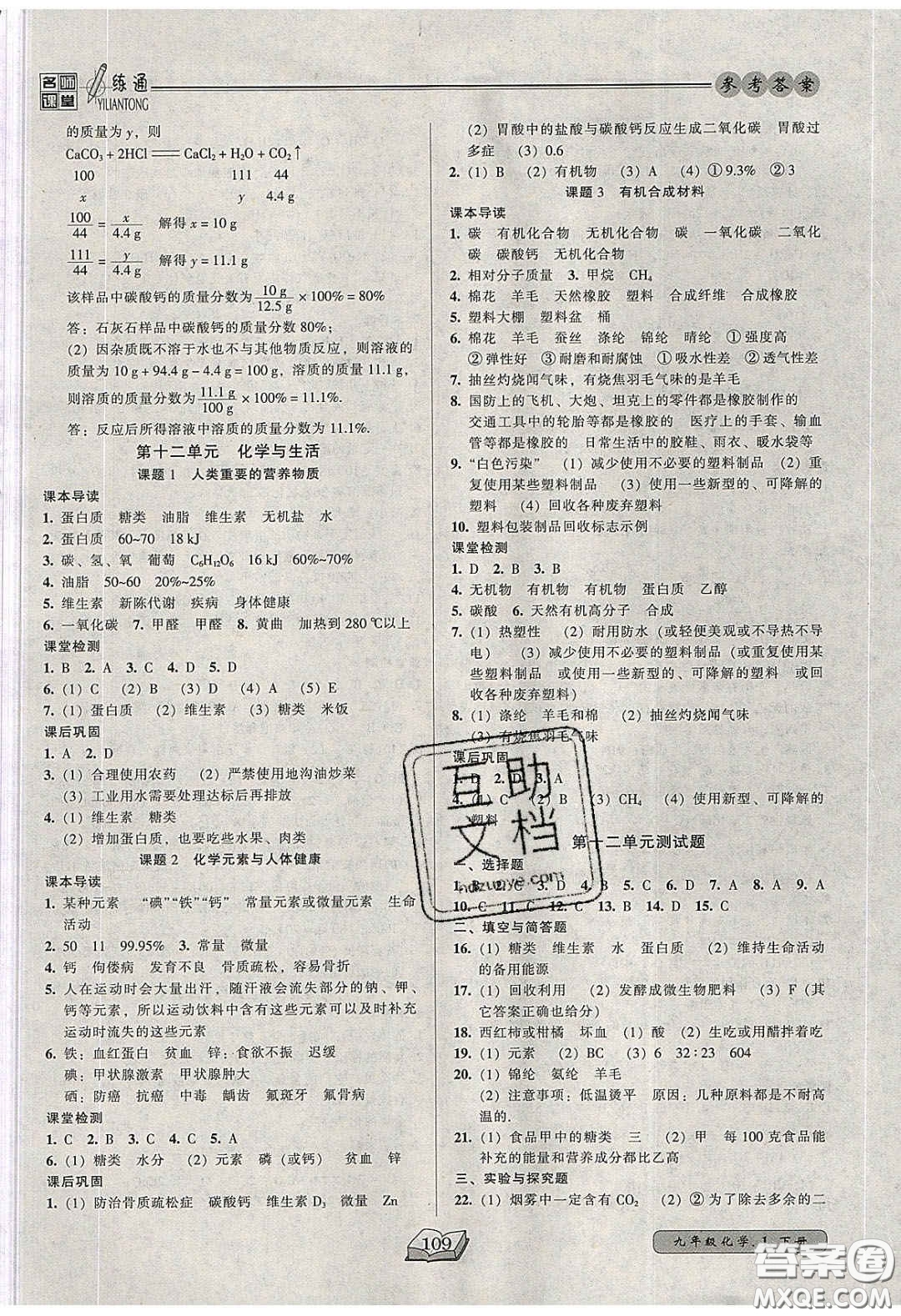 2020年名師課堂一練通九年級(jí)化學(xué)下冊(cè)人教版答案