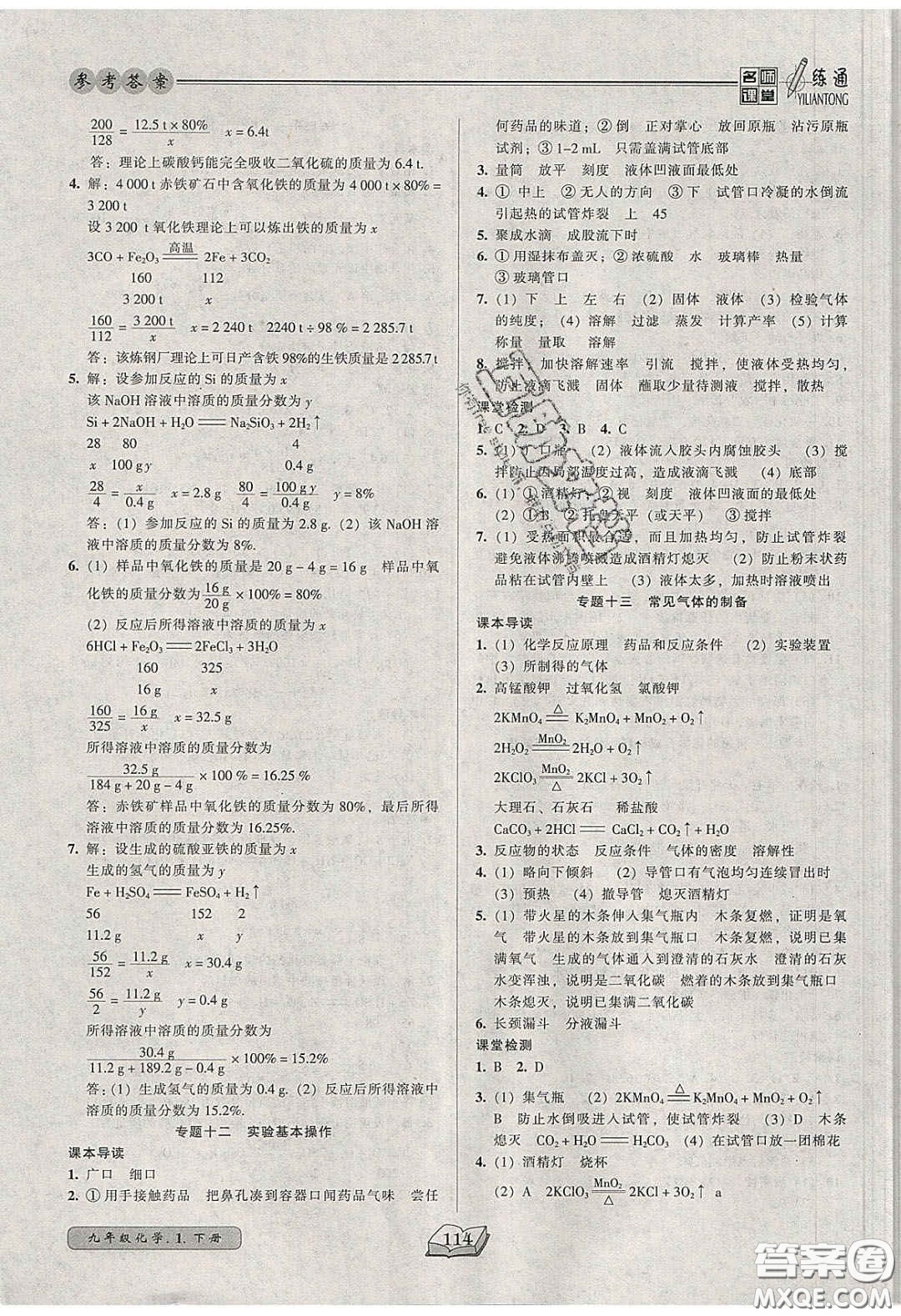 2020年名師課堂一練通九年級(jí)化學(xué)下冊(cè)人教版答案