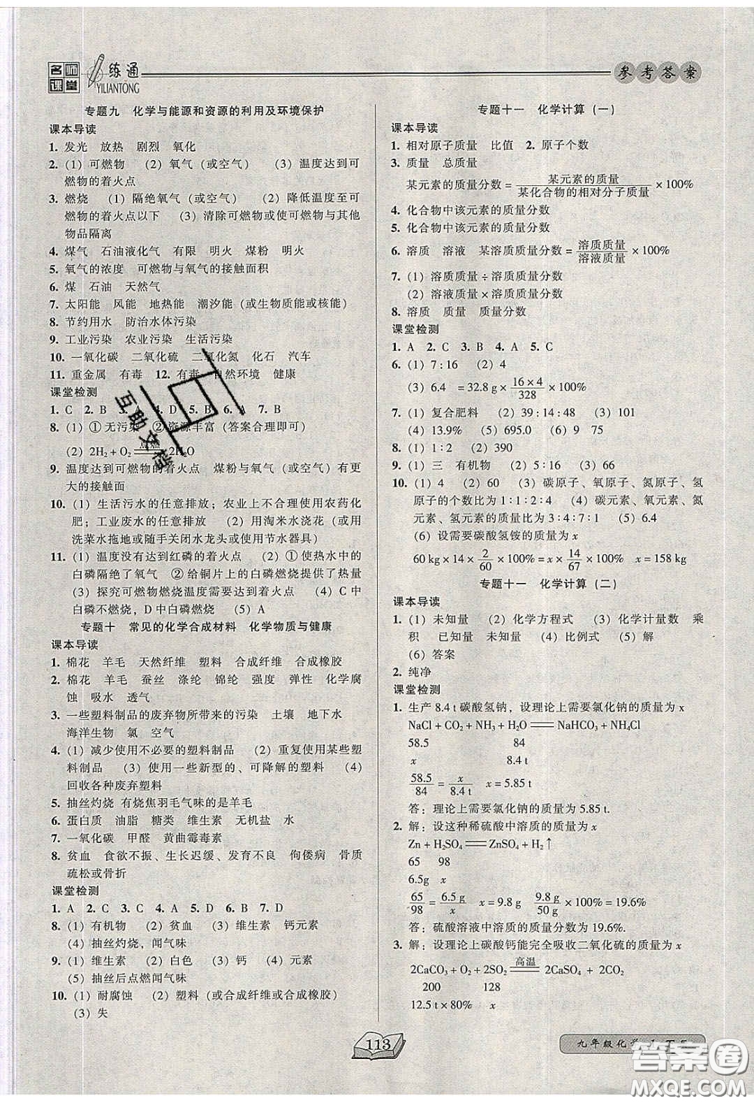 2020年名師課堂一練通九年級(jí)化學(xué)下冊(cè)人教版答案