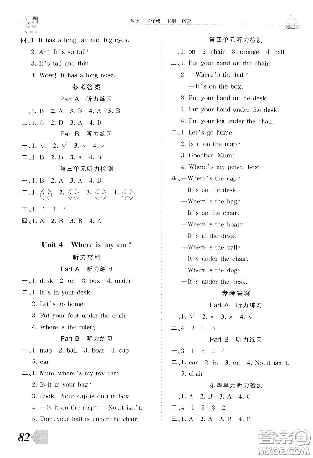 2020年王朝霞創(chuàng)維新課堂同步優(yōu)化訓(xùn)練英語三年級下冊PEP人教版參考答案