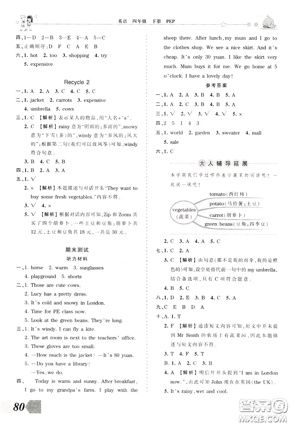 2020年王朝霞創(chuàng)維新課堂同步優(yōu)化訓(xùn)練英語(yǔ)四年級(jí)下冊(cè)PEP人教版參考答案