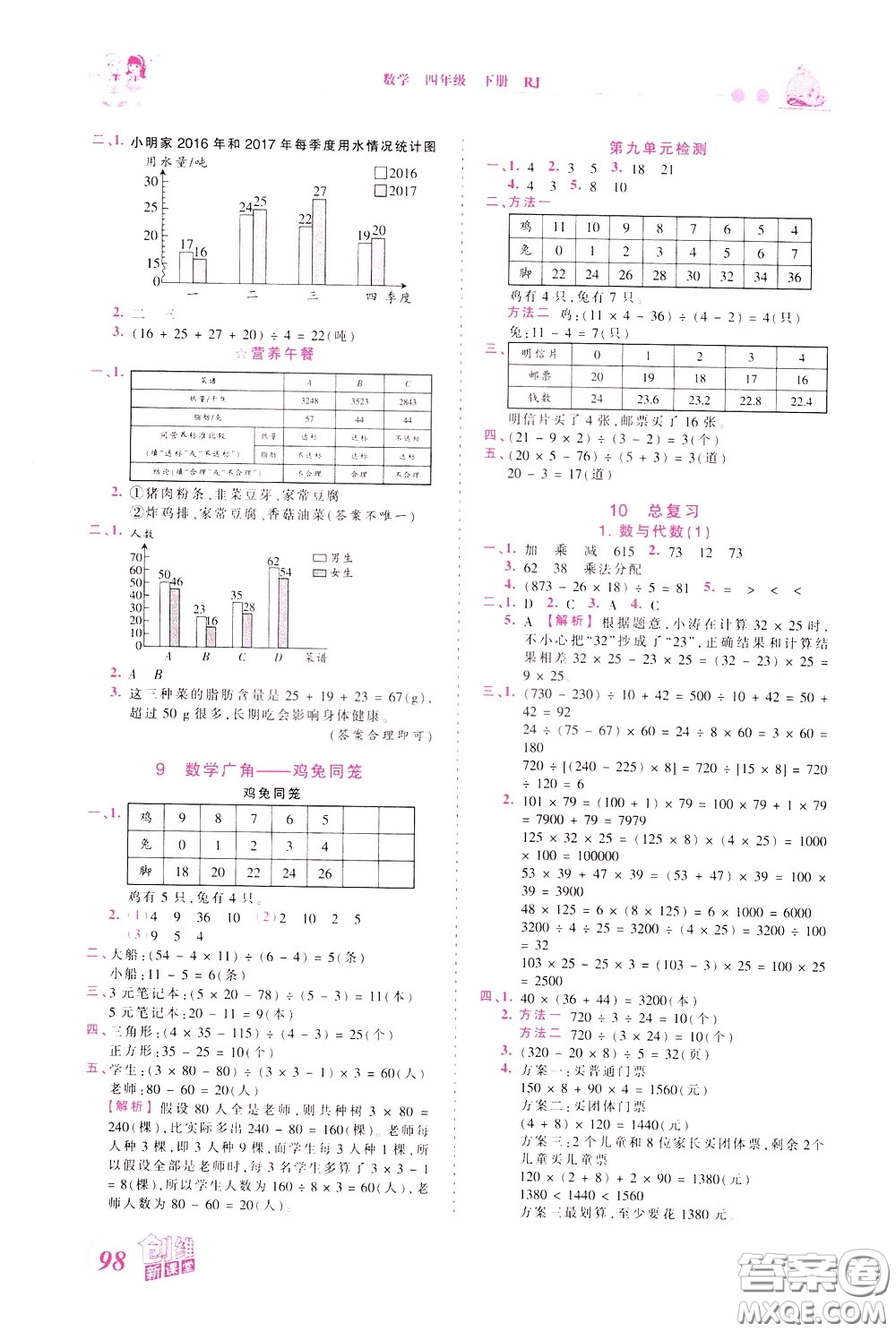 2020年王朝霞創(chuàng)維新課堂同步優(yōu)化訓(xùn)練數(shù)學(xué)四年級下冊RJ人教版參考答案