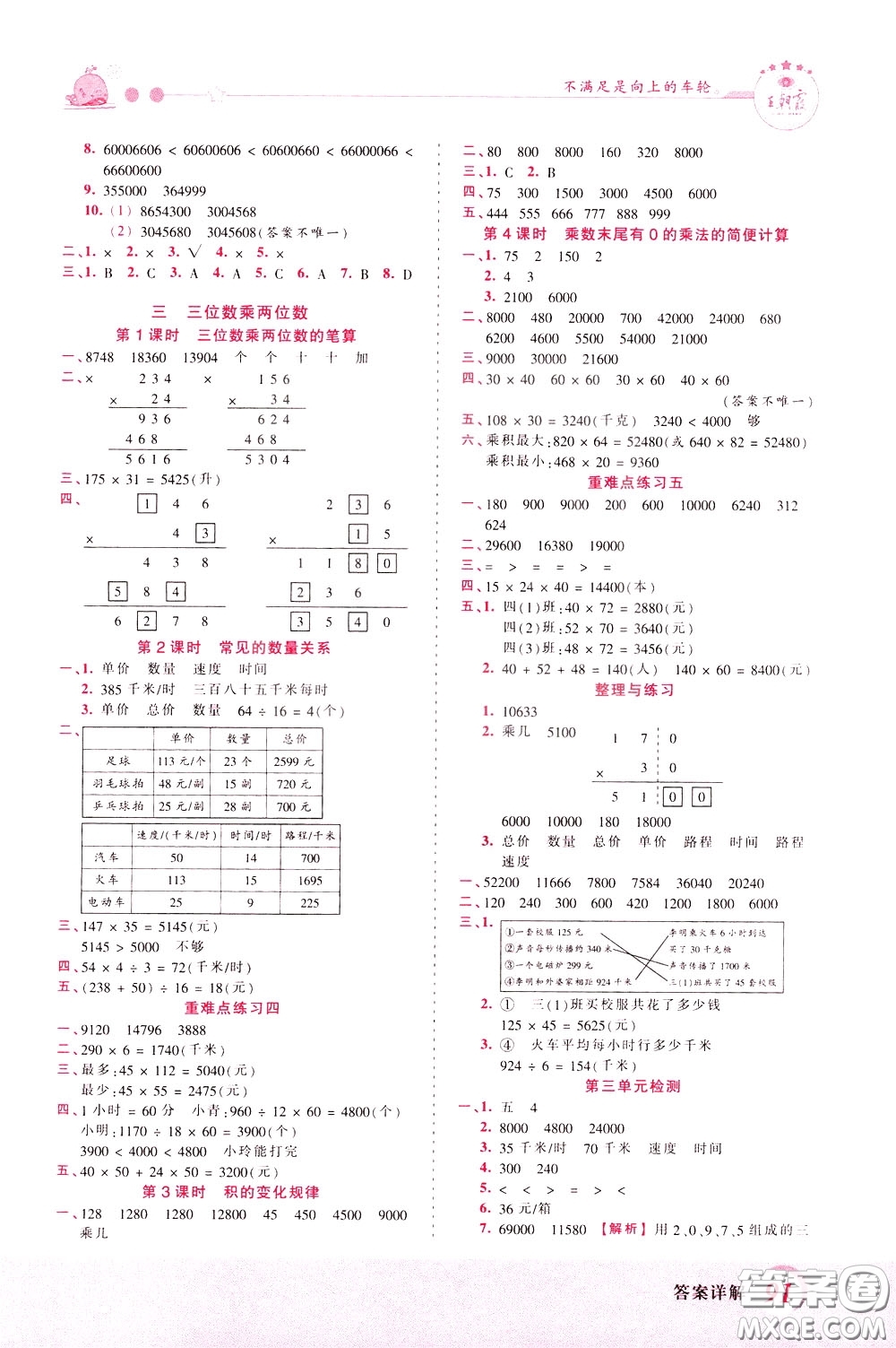 2020年王朝霞創(chuàng)維新課堂同步優(yōu)化訓(xùn)練數(shù)學(xué)四年級下冊SJ蘇教版參考答案