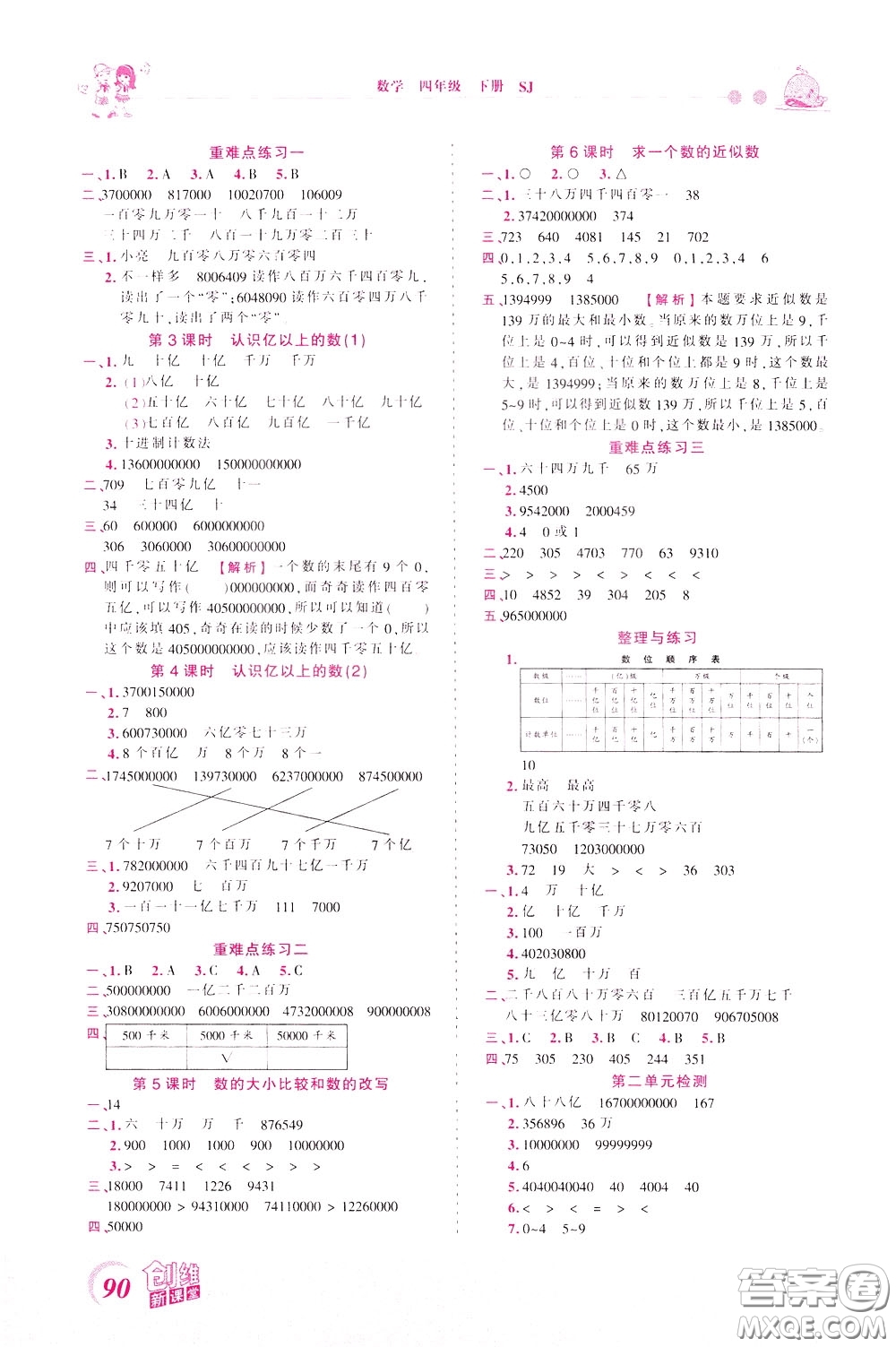 2020年王朝霞創(chuàng)維新課堂同步優(yōu)化訓(xùn)練數(shù)學(xué)四年級下冊SJ蘇教版參考答案