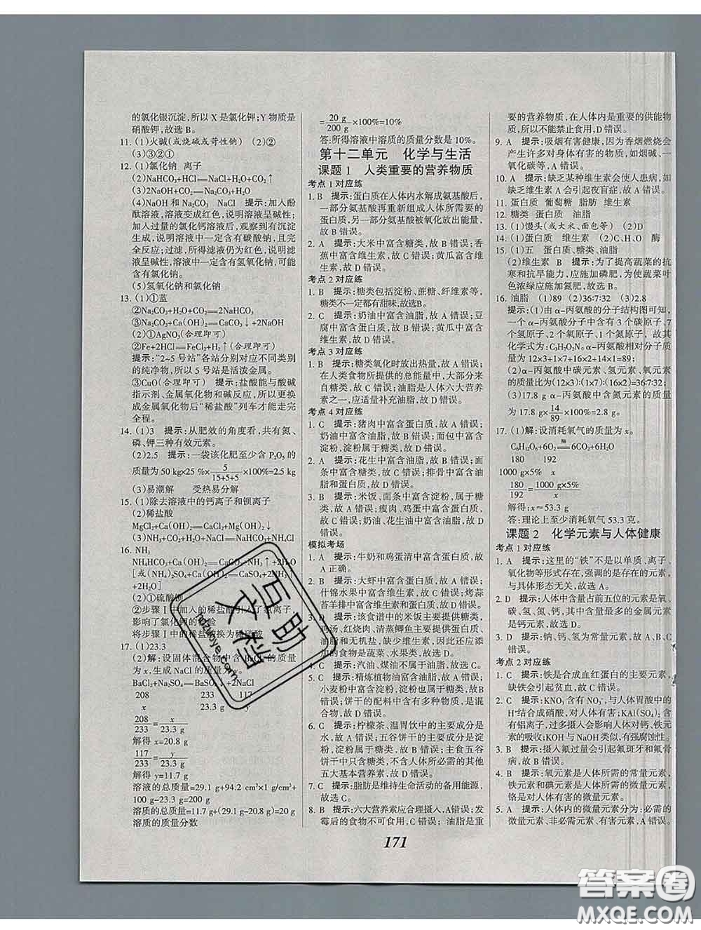 2020春全優(yōu)課堂考點(diǎn)集訓(xùn)與滿分備考九年級(jí)化學(xué)下冊(cè)人教版答案