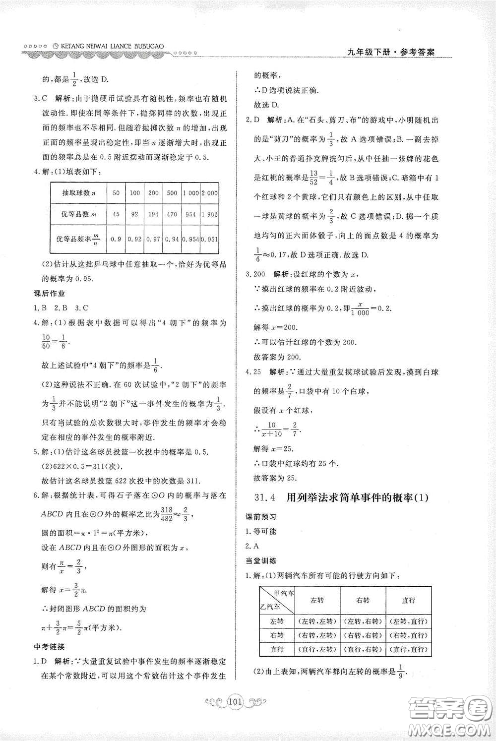 河北美術(shù)出版社2020課堂內(nèi)外練測(cè)步步高九年級(jí)數(shù)學(xué)下冊(cè)河北教育版答案