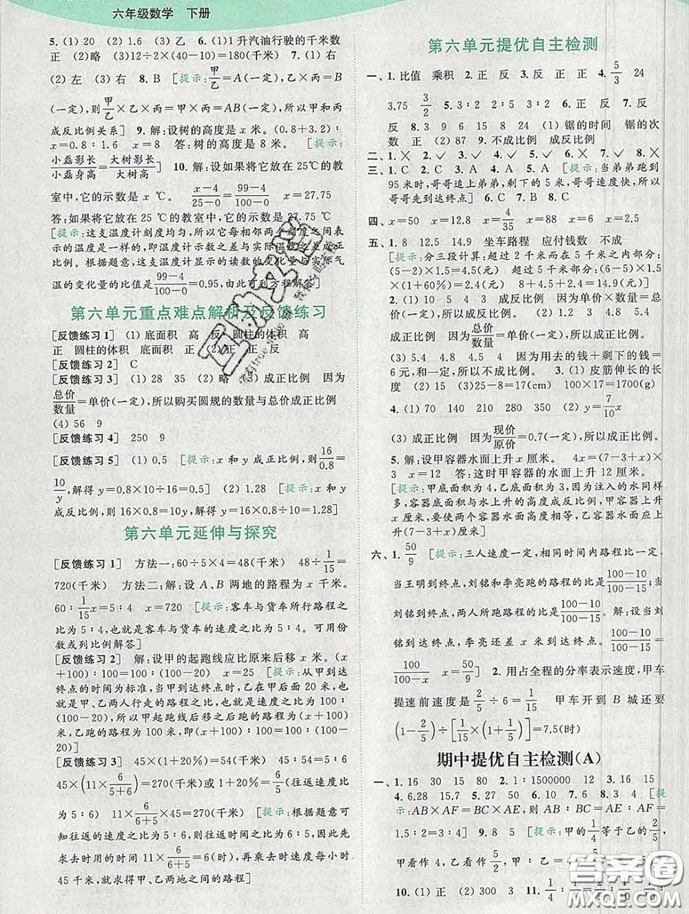 2020春亮點(diǎn)給力提優(yōu)班多維互動(dòng)空間六年級(jí)數(shù)學(xué)下冊(cè)答案