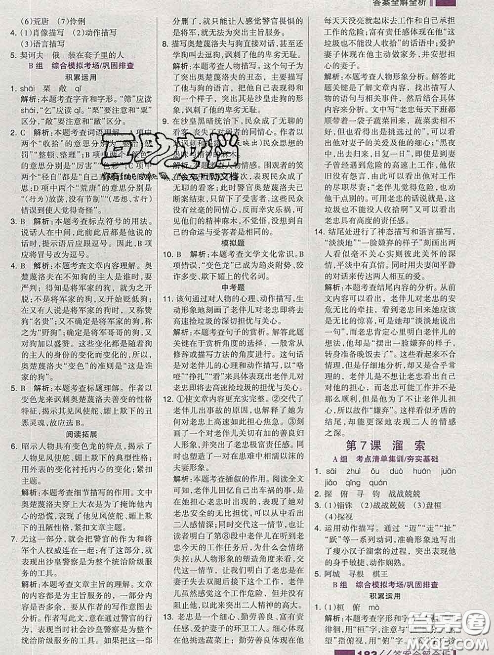 2020新版考點(diǎn)集訓(xùn)與滿分備考九年級語文下冊人教版答案