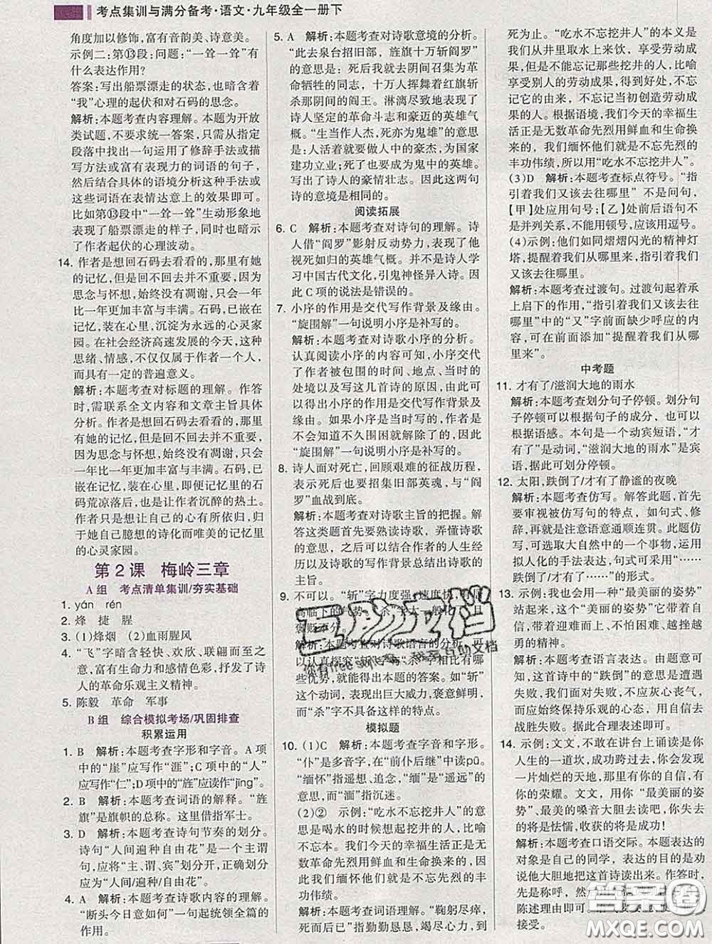 2020新版考點(diǎn)集訓(xùn)與滿分備考九年級語文下冊人教版答案