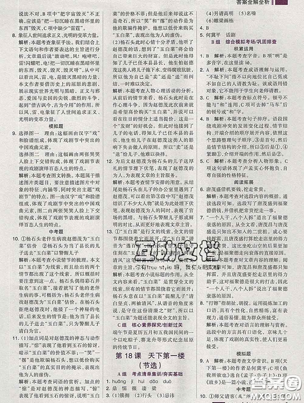 2020新版考點(diǎn)集訓(xùn)與滿分備考九年級語文下冊人教版答案