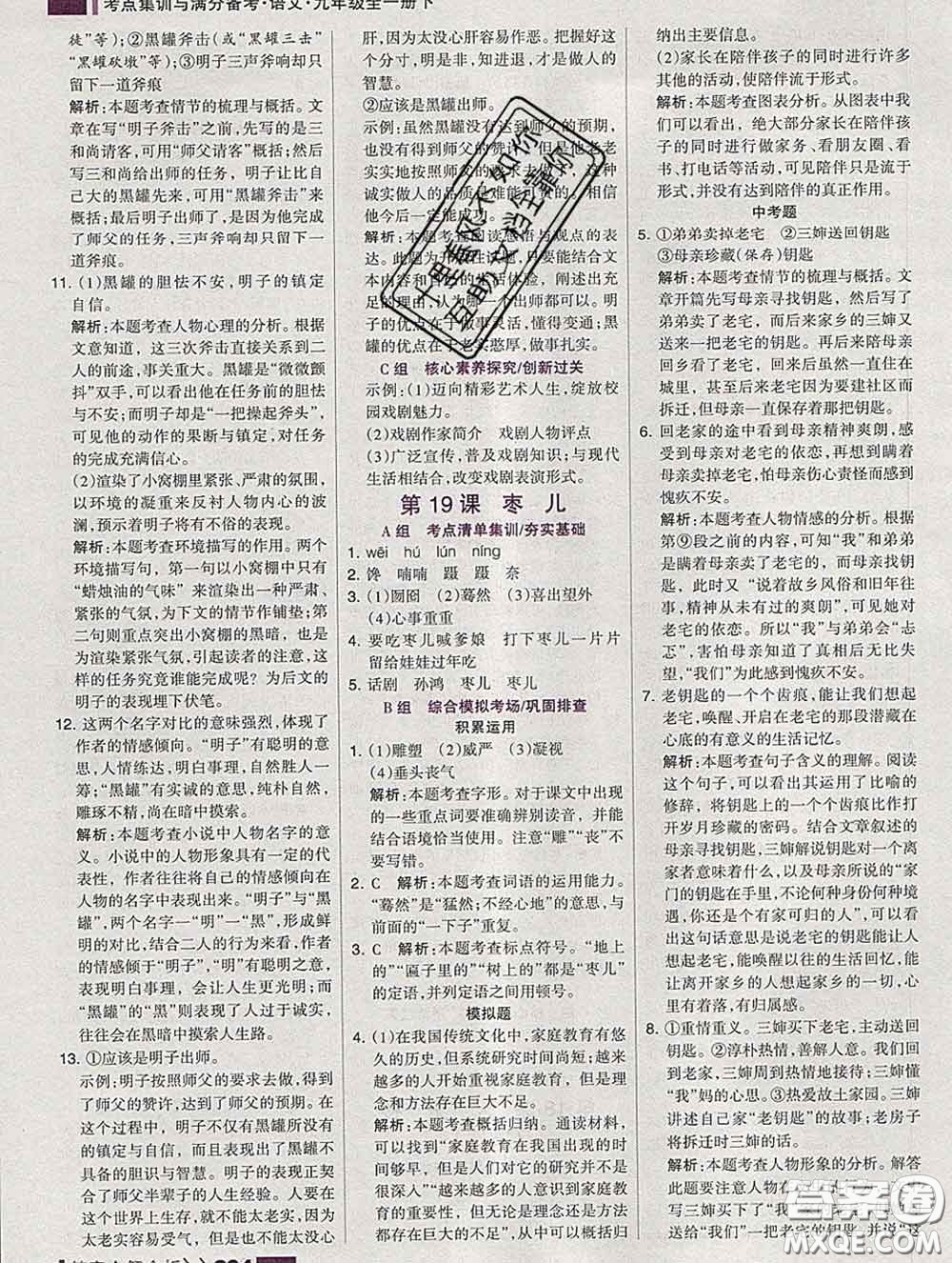 2020新版考點(diǎn)集訓(xùn)與滿分備考九年級語文下冊人教版答案