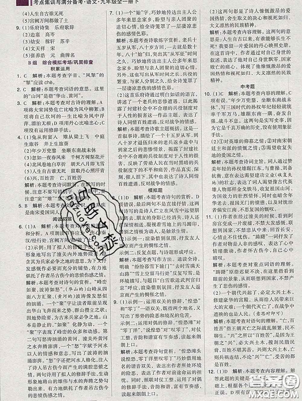 2020新版考點(diǎn)集訓(xùn)與滿分備考九年級語文下冊人教版答案