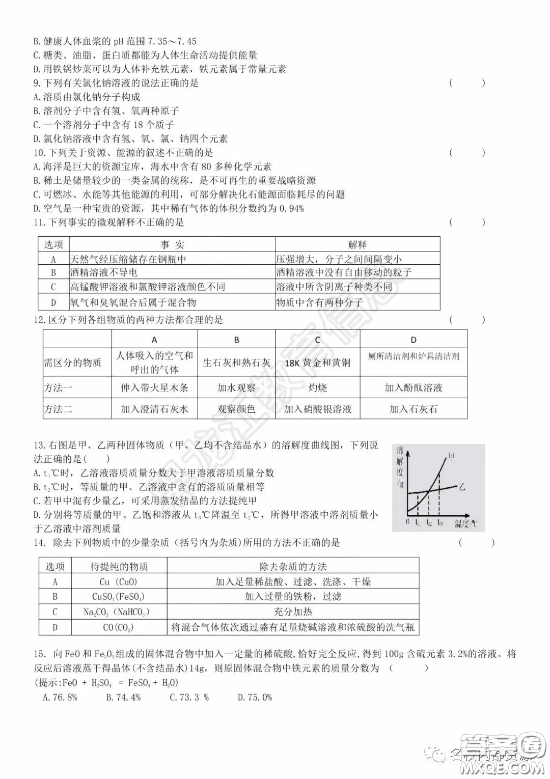 2020年香坊區(qū)初中畢業(yè)學年綜合測試二化學學科試題及答案