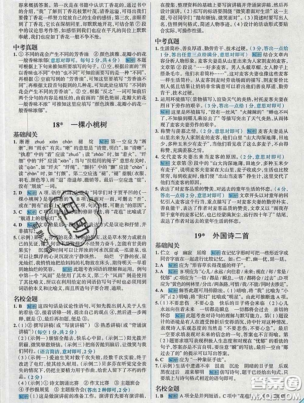 現(xiàn)代教育出版社2020新版走向中考考場七年級語文下冊人教版答案