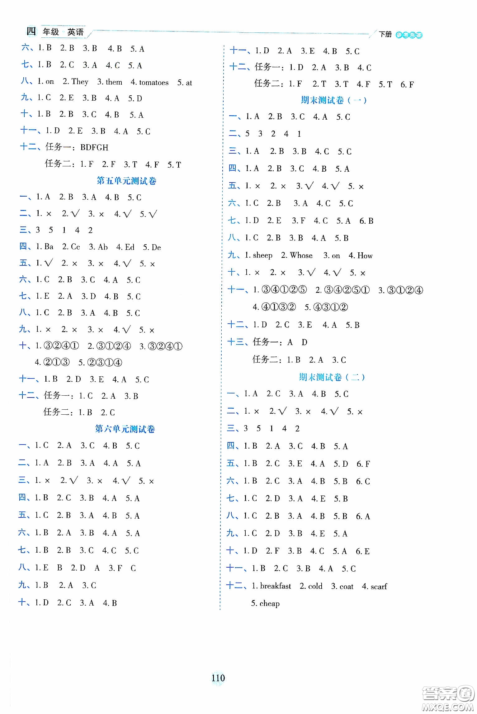 延邊人民出版社2020優(yōu)秀生作業(yè)本情景式閱讀型練習(xí)冊(cè)四年級(jí)英語(yǔ)下冊(cè)PEP版答案