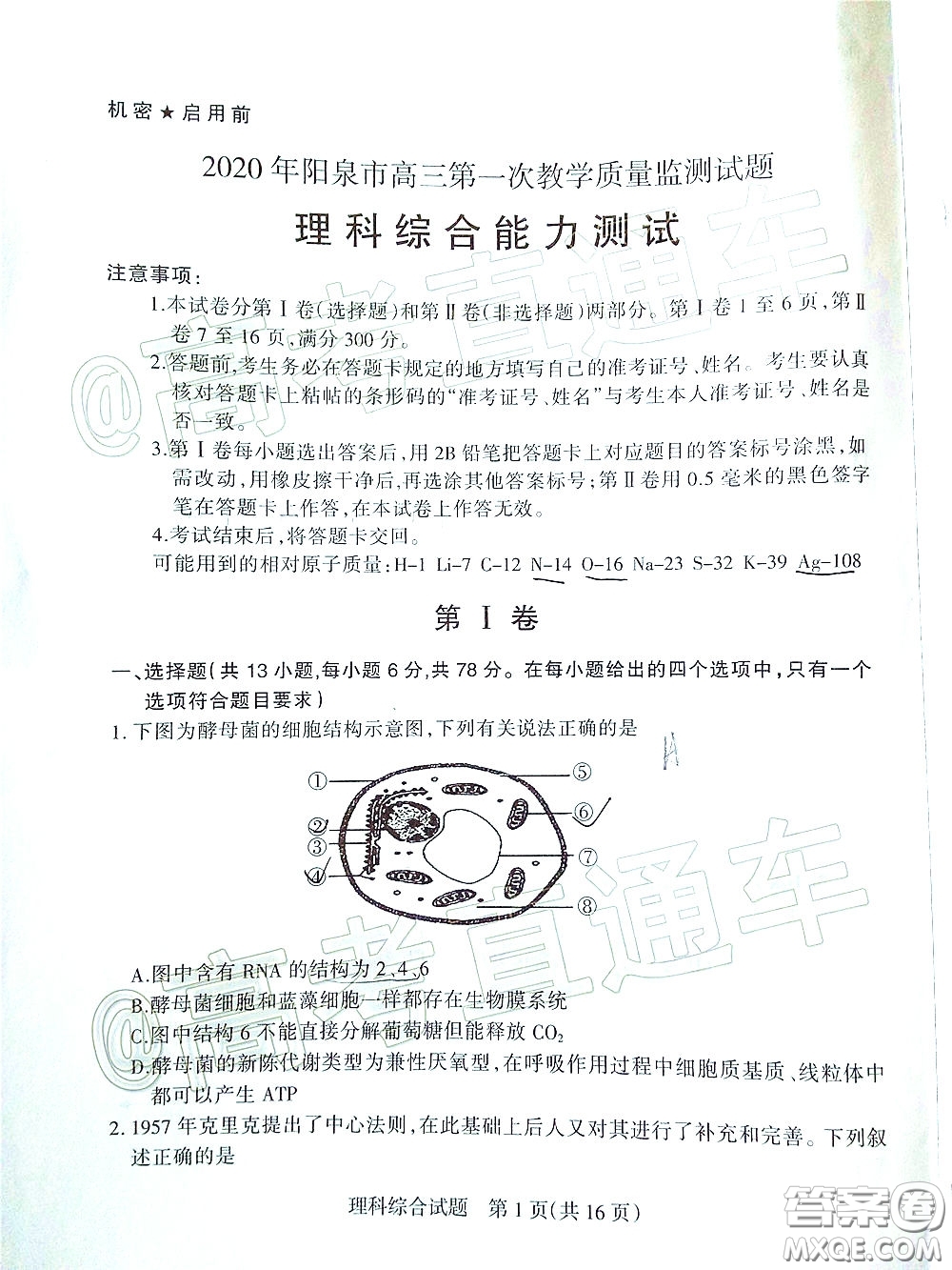 2020年陽泉市高三第一次教學(xué)質(zhì)量監(jiān)測試題理科綜合答案