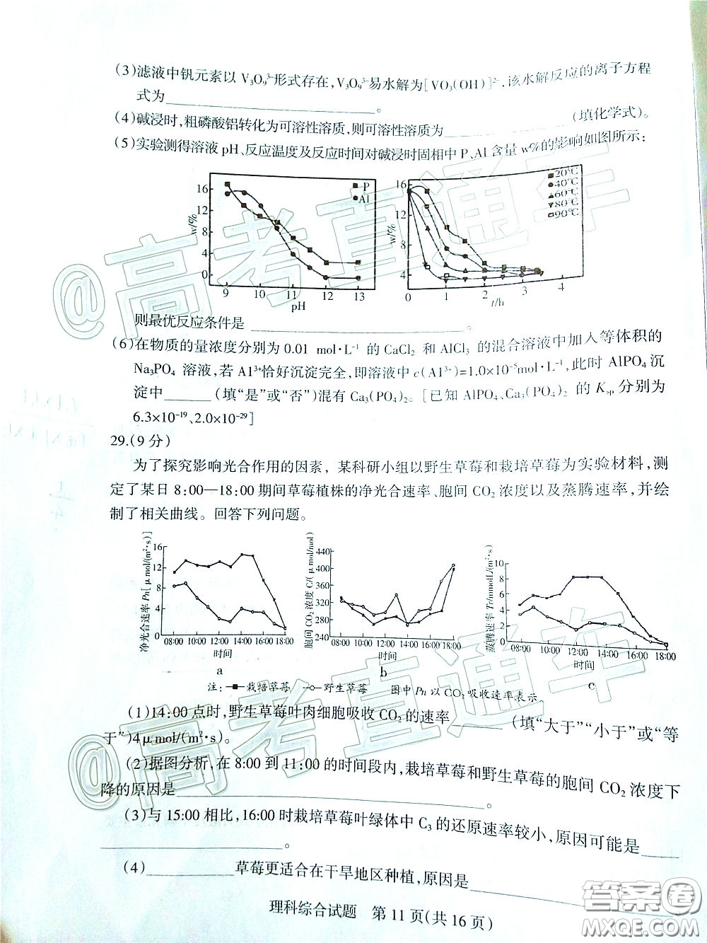 2020年陽泉市高三第一次教學(xué)質(zhì)量監(jiān)測試題理科綜合答案