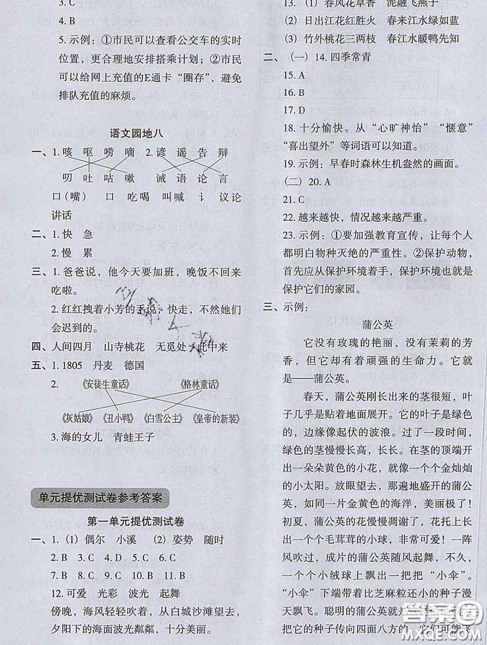 2020新版木頭馬分層課課練小學(xué)語文三年級下冊人教版答案