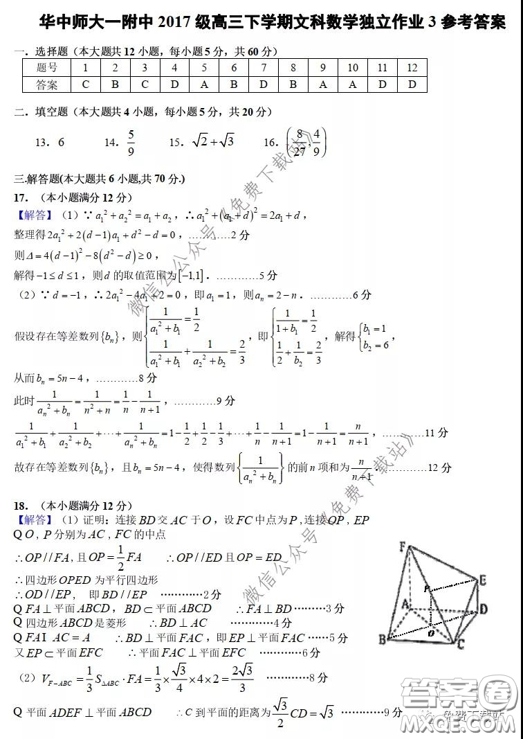 2020屆華中師大一附中高三下學期文科數(shù)學獨立作業(yè)3試題及答案