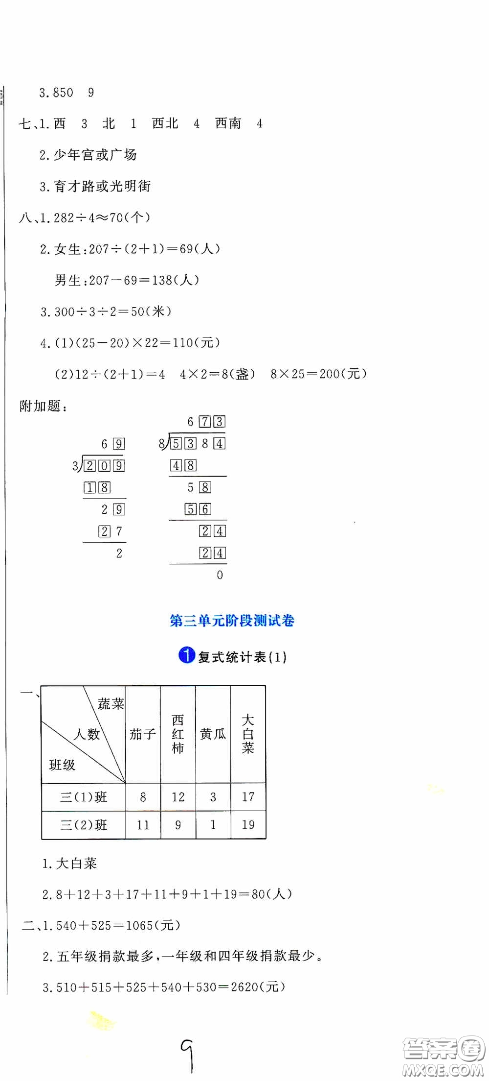 北京教育出版社2020提分教練優(yōu)學導練測試卷三年級數學下冊人教版答案