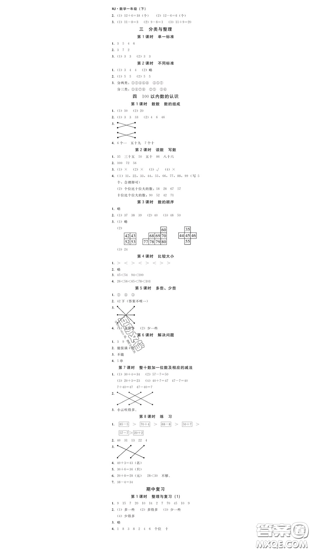 廣東經(jīng)濟(jì)出版社2020春廣東作業(yè)本一年級數(shù)學(xué)下冊人教版答案