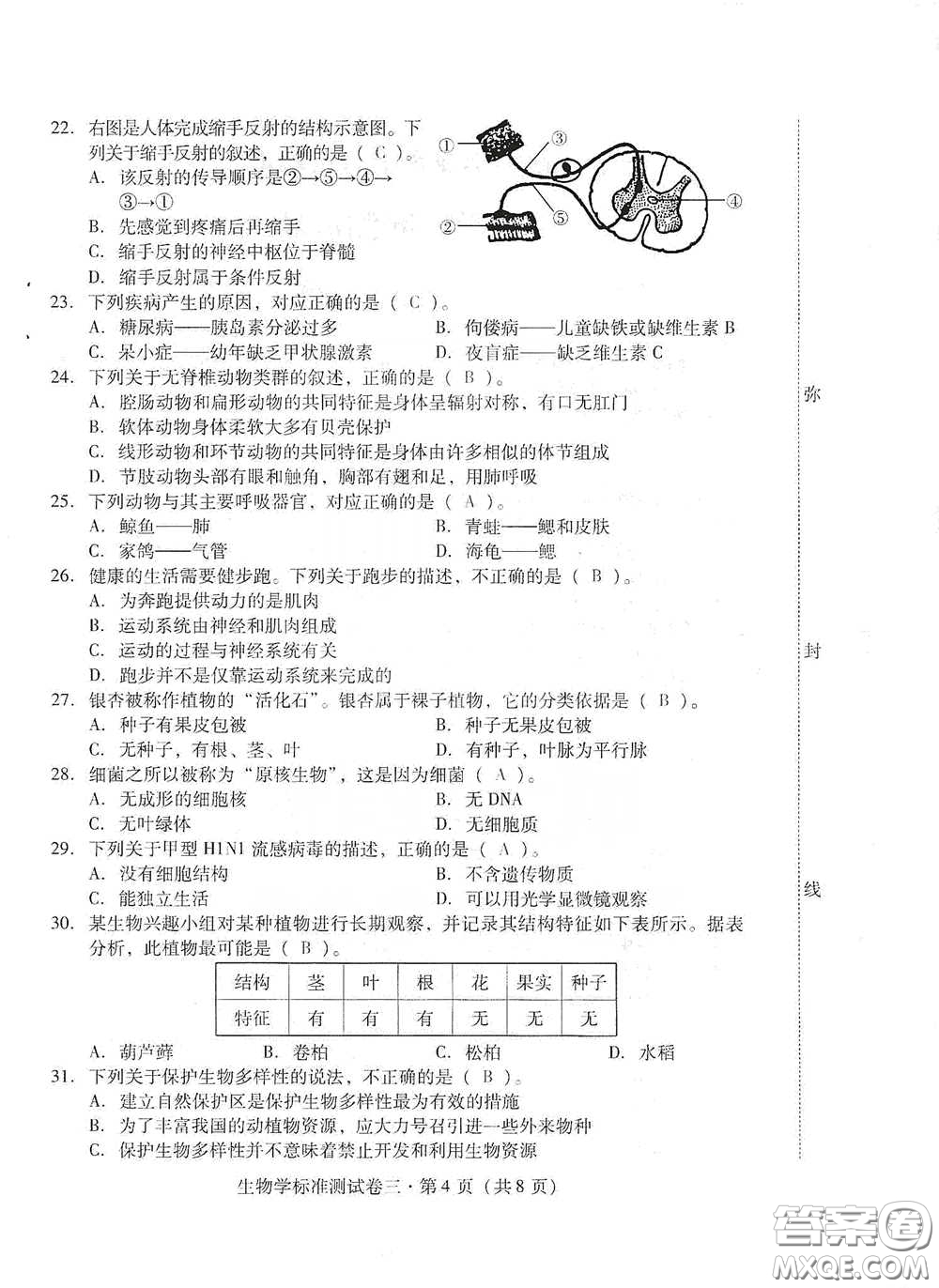 優(yōu)佳學案2020云南省初中學業(yè)水平考試標準測試卷生物學答案