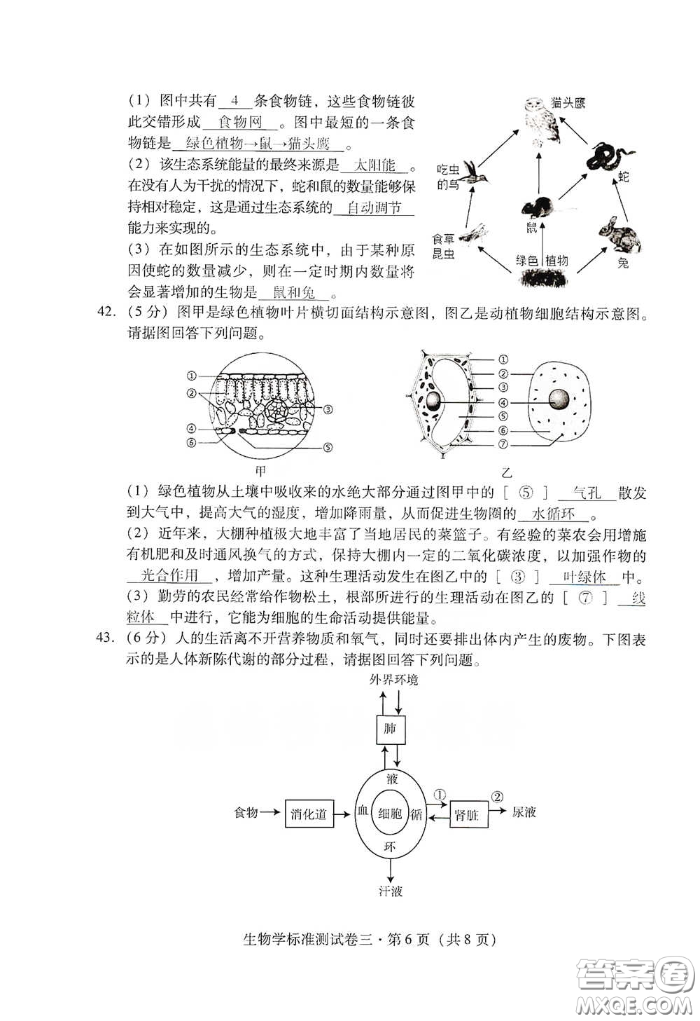 優(yōu)佳學案2020云南省初中學業(yè)水平考試標準測試卷生物學答案