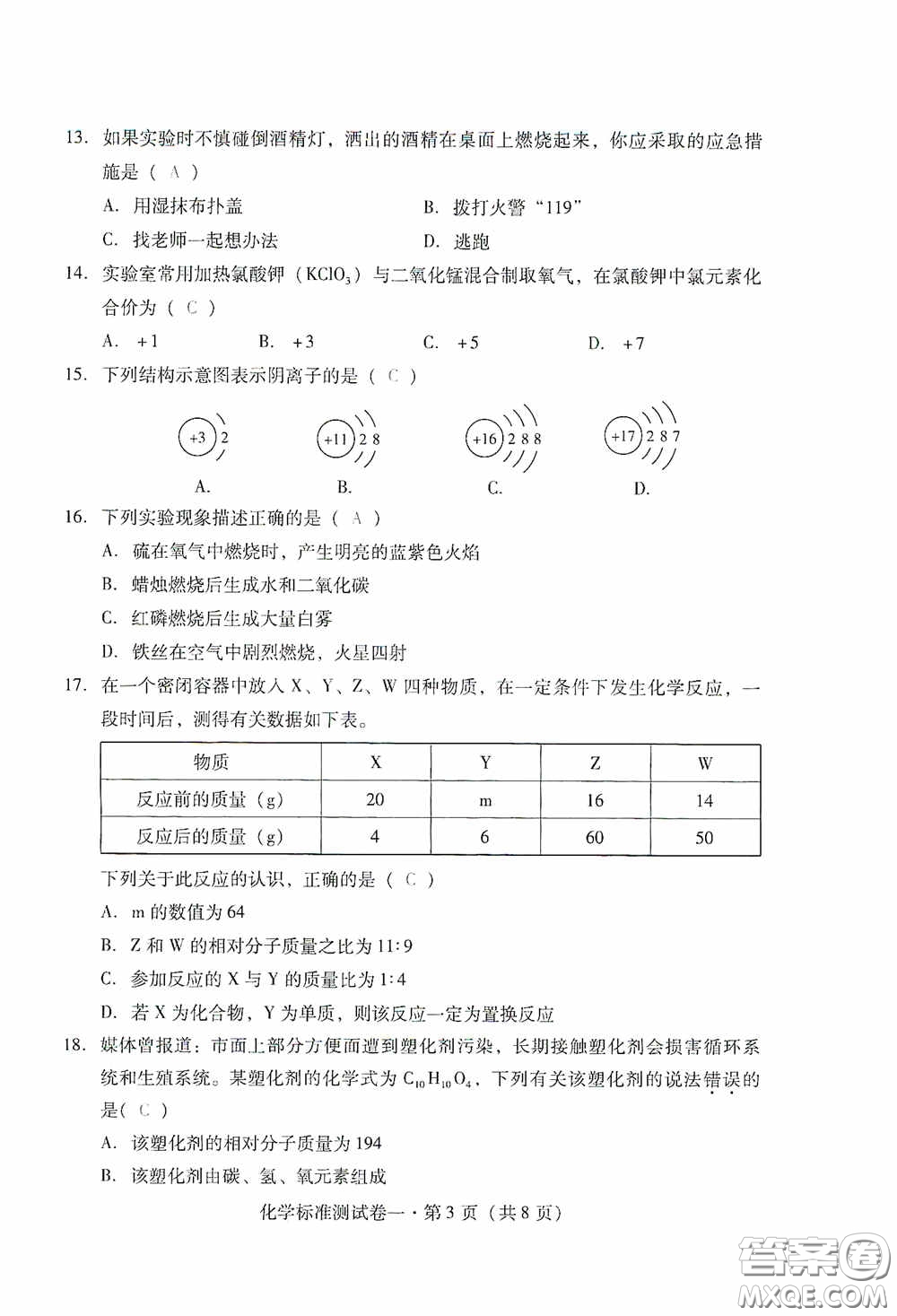 優(yōu)佳學(xué)案2020云南省初中學(xué)業(yè)水平考試標(biāo)準(zhǔn)測試卷化學(xué)答案