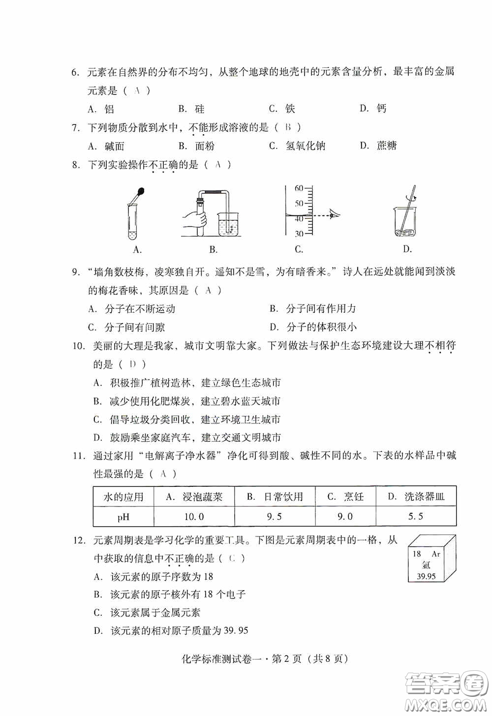 優(yōu)佳學(xué)案2020云南省初中學(xué)業(yè)水平考試標(biāo)準(zhǔn)測試卷化學(xué)答案