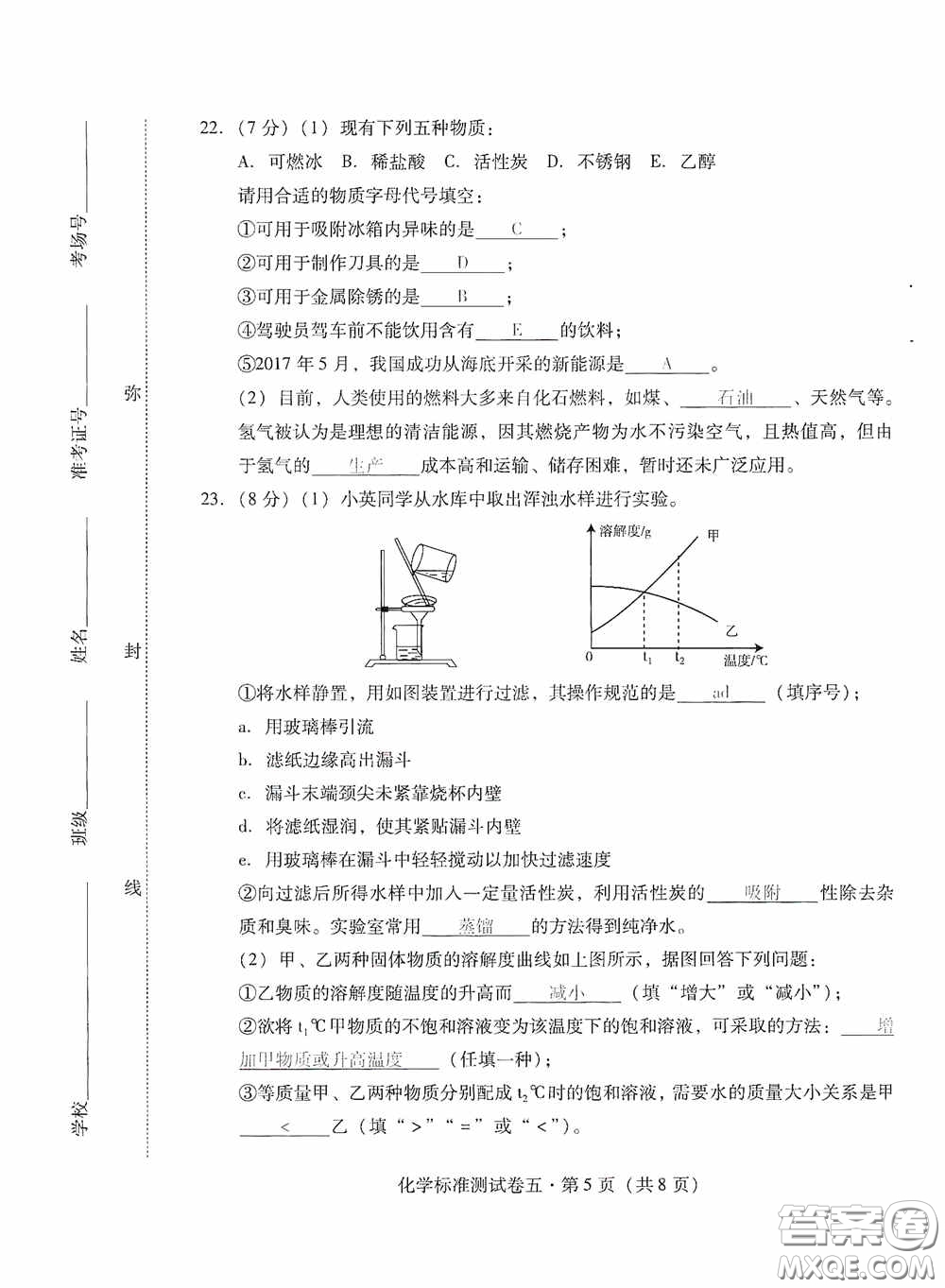 優(yōu)佳學(xué)案2020云南省初中學(xué)業(yè)水平考試標(biāo)準(zhǔn)測試卷化學(xué)答案