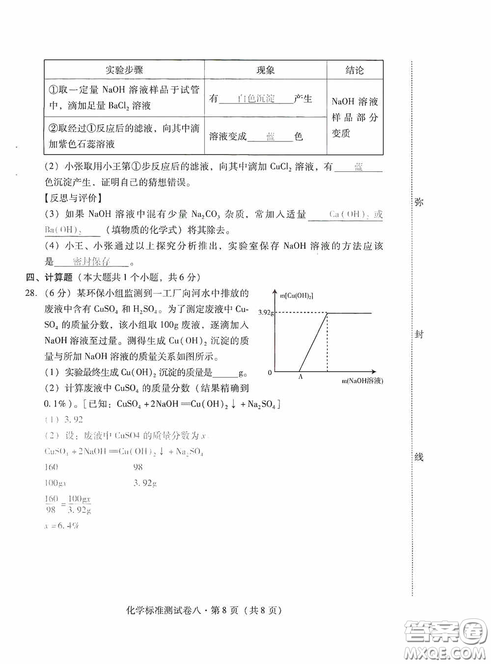 優(yōu)佳學(xué)案2020云南省初中學(xué)業(yè)水平考試標(biāo)準(zhǔn)測試卷化學(xué)答案