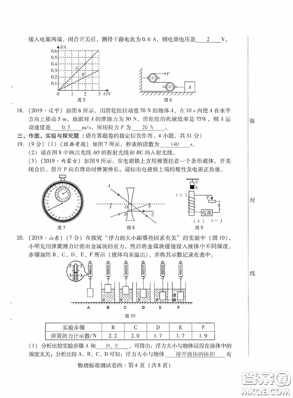 優(yōu)佳學案2020云南省初中學業(yè)水平考試標準測試卷物理答案