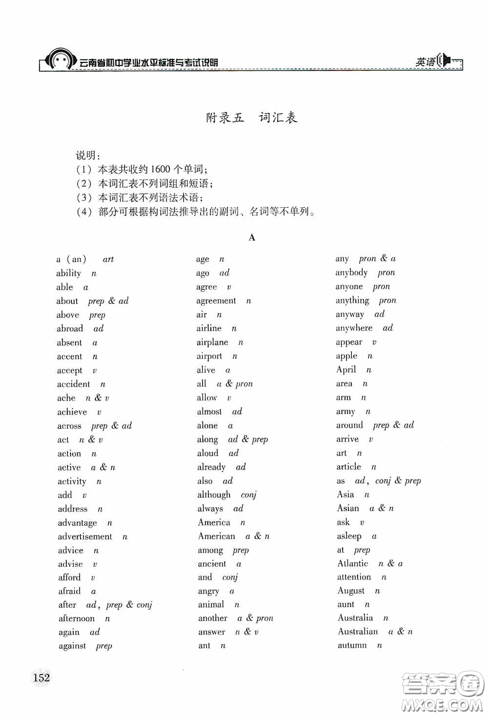 云南美術出版社2020云南省初中學業(yè)水平標準與考試說明英語答案